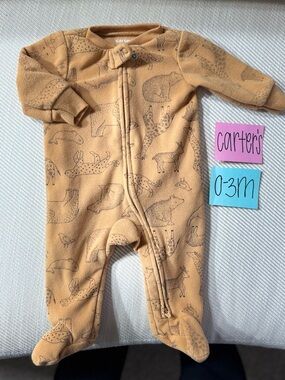 NWOT Carter's Tan/Orange Animal Print Fleece Infant 2 Way Zip Footies (0-3M)
